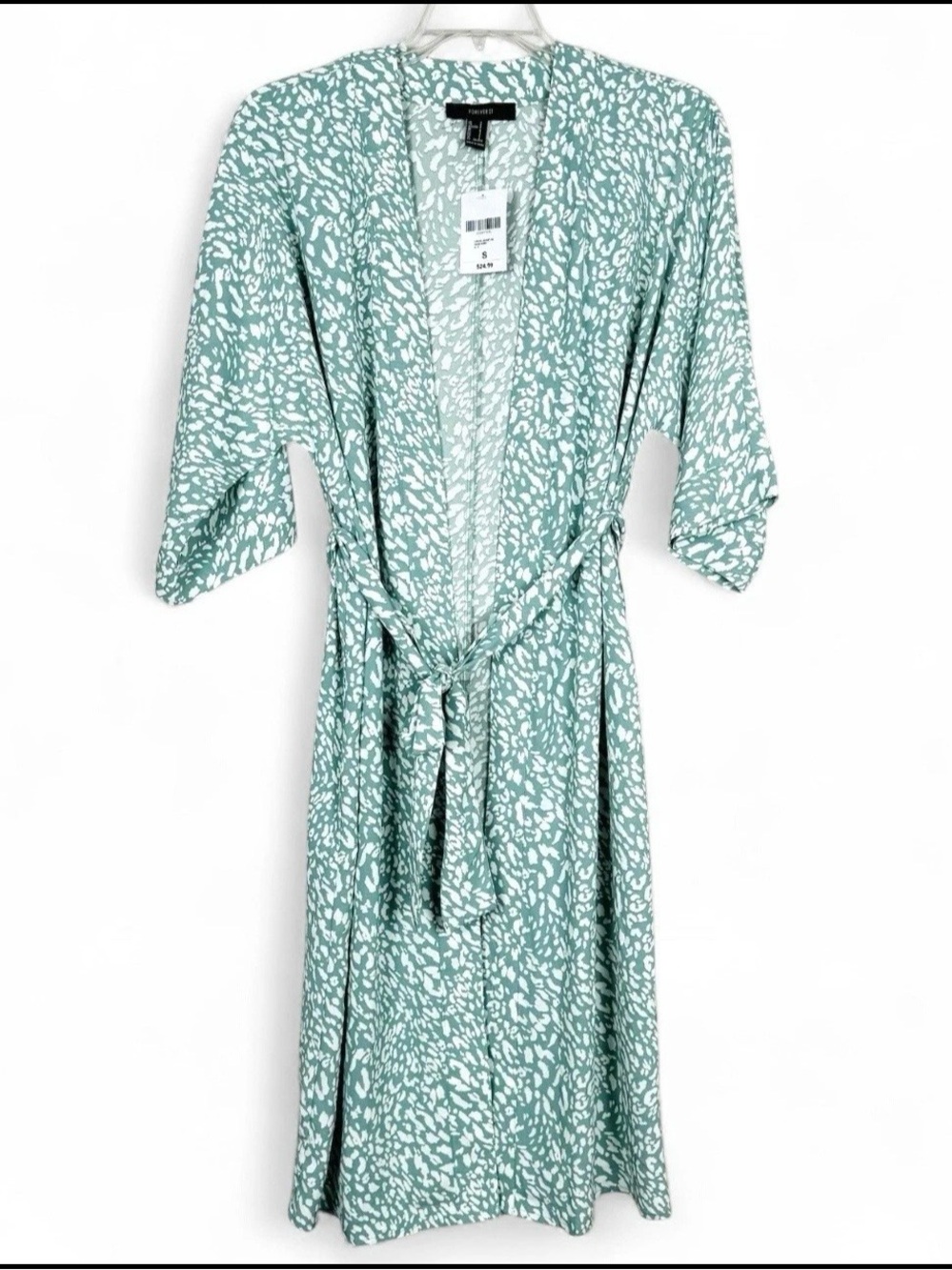 Forever 21 Duster Cardigan Womens S Small Belted Sage‎ Ivory 3/4 Sleeves NWT
